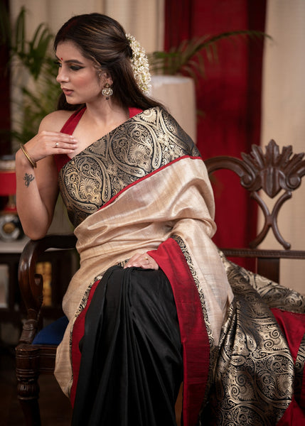 TUSSER SILK & BENARASI COMBINATION SAREE WITH BLACK COTTON SILK PLEATS