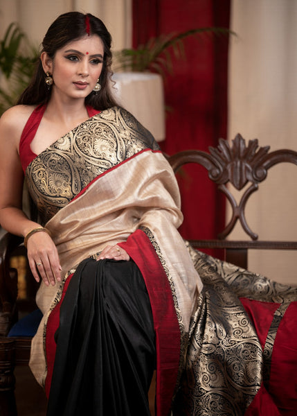 TUSSER SILK & BENARASI COMBINATION SAREE WITH BLACK COTTON SILK PLEATS