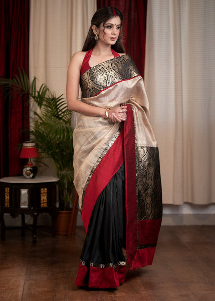 TUSSER SILK & BENARASI COMBINATION SAREE WITH BLACK COTTON SILK PLEATS