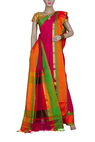 Silk & Cotton Blended Maheshwari Multicolor base Saree with wide Green, Red & Yellow color border with Zari Work Pallu