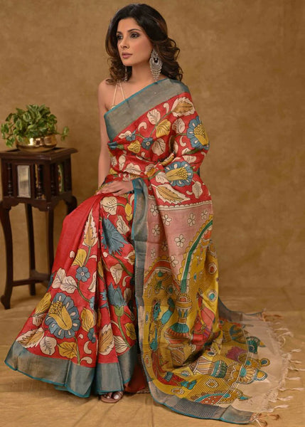 TUSSAR SILK SAREE WITH KALAMKARI PAINTING