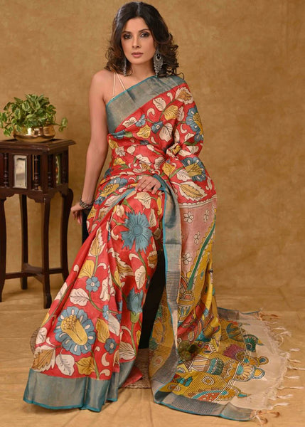 TUSSAR SILK SAREE WITH KALAMKARI PAINTING