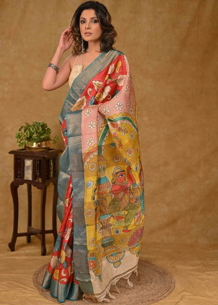 TUSSAR SILK SAREE WITH KALAMKARI PAINTING