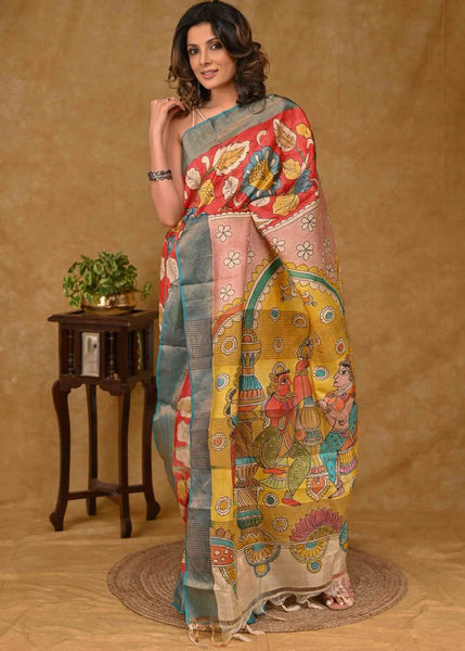 TUSSAR SILK SAREE WITH KALAMKARI PAINTING