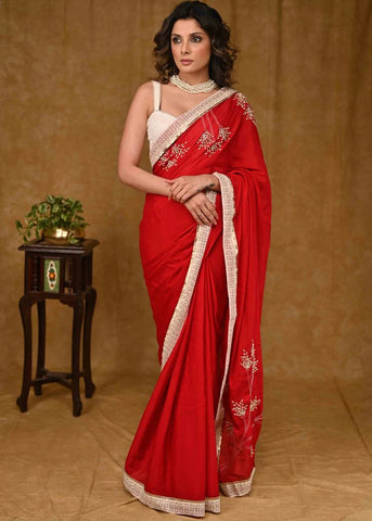 Designer Red Chiffon Saree With Intricate Moti Work And White Border