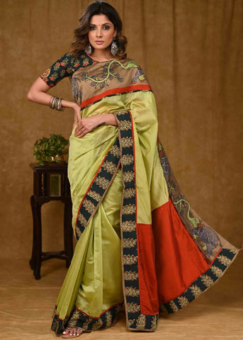 Stylish Green Chanderi Saree With Rust Cotton Silk Pallu And Exclusive Gond Painting