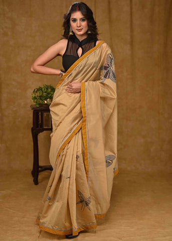 Designer Beige Chanderi Saree With Mustard Ajrakh Border And Delicate Grey Handpainted Butterfly Motif