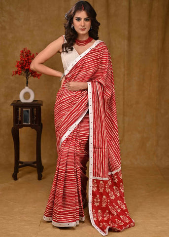 Classy Red Rayon Saree With White Satin Border And Red Embellishments