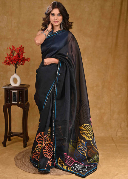 Black Organza Saree With Beautiful Leave Painting And Mirror Work Border