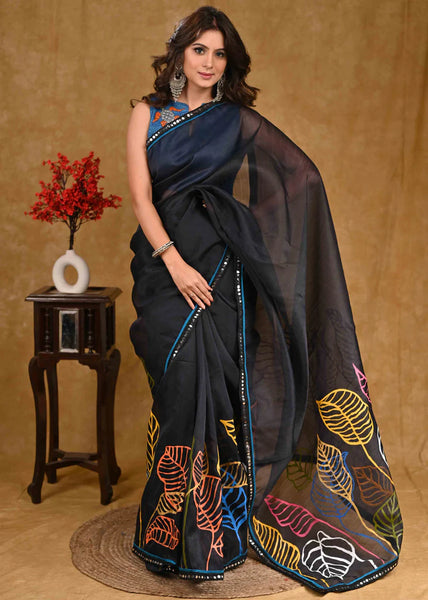 Black Organza Saree With Beautiful Leave Painting And Mirror Work Border