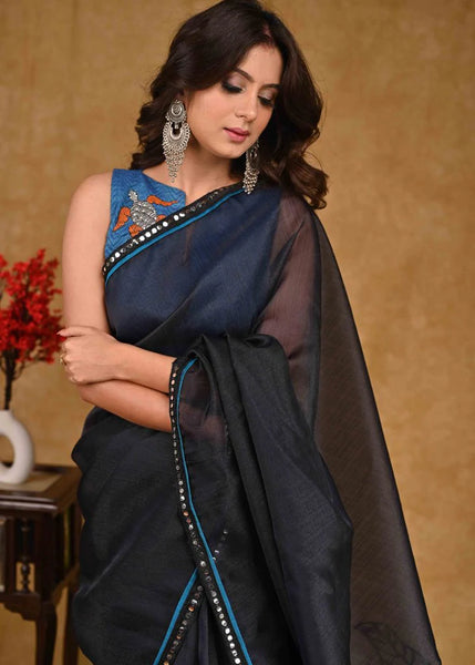 Black Organza Saree With Beautiful Leave Painting And Mirror Work Border