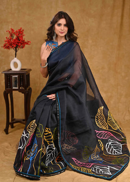 Black Organza Saree With Beautiful Leave Painting And Mirror Work Border