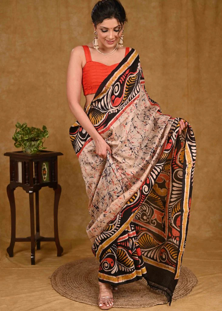 BEIGE TUSSAR SILK BATIK SAREE