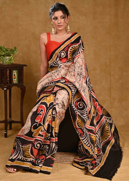 BEIGE TUSSAR SILK BATIK SAREE