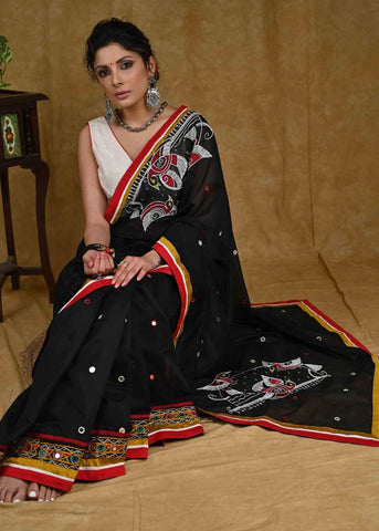 BLACK CHANDERI SAREE WITH HANDWORK AND COMBINATION OF MIRROR WORK & RED COTTON SILK BORDER