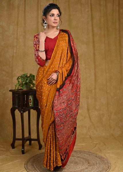 MODAL SILK BANDHEJ SAREE WITH AJRAKH BLOCK PRINTED BORDER & PALLU