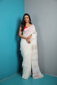 Pearl White Organic Linen With Jacquard  Work and Pallu