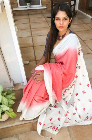 White & Pink Cotton Saree