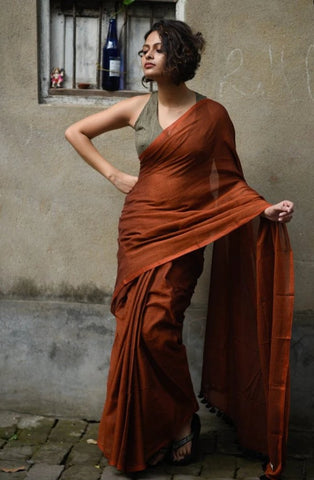 Rust Colored Mul Cotton Saree