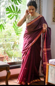 Pure Maroon Maheshwari Silk Saree