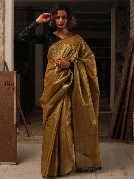 Olive Green Golden Semi Tissue Silk Saree