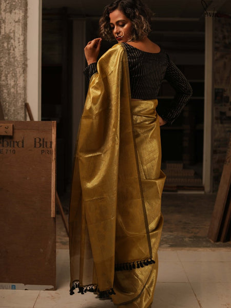 Olive Green Golden Semi Tissue Silk Saree