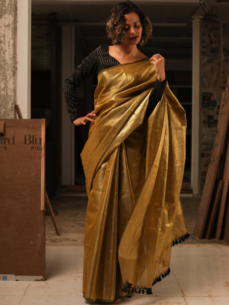 Olive Green Golden Semi Tissue Silk Saree