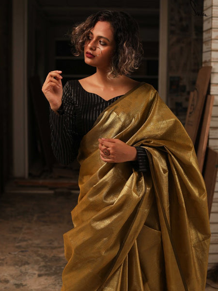 Olive Green Golden Semi Tissue Silk Saree