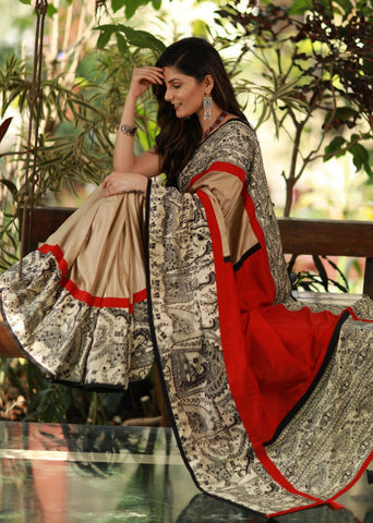 EXCLUSIVE BEIGE SEMI SILK SAREE WITH MADHUBANI PRINTED BORDER