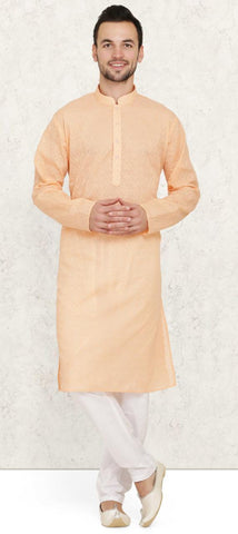 Peach Cotton Chikankari Mens Kurta Pyjama Set