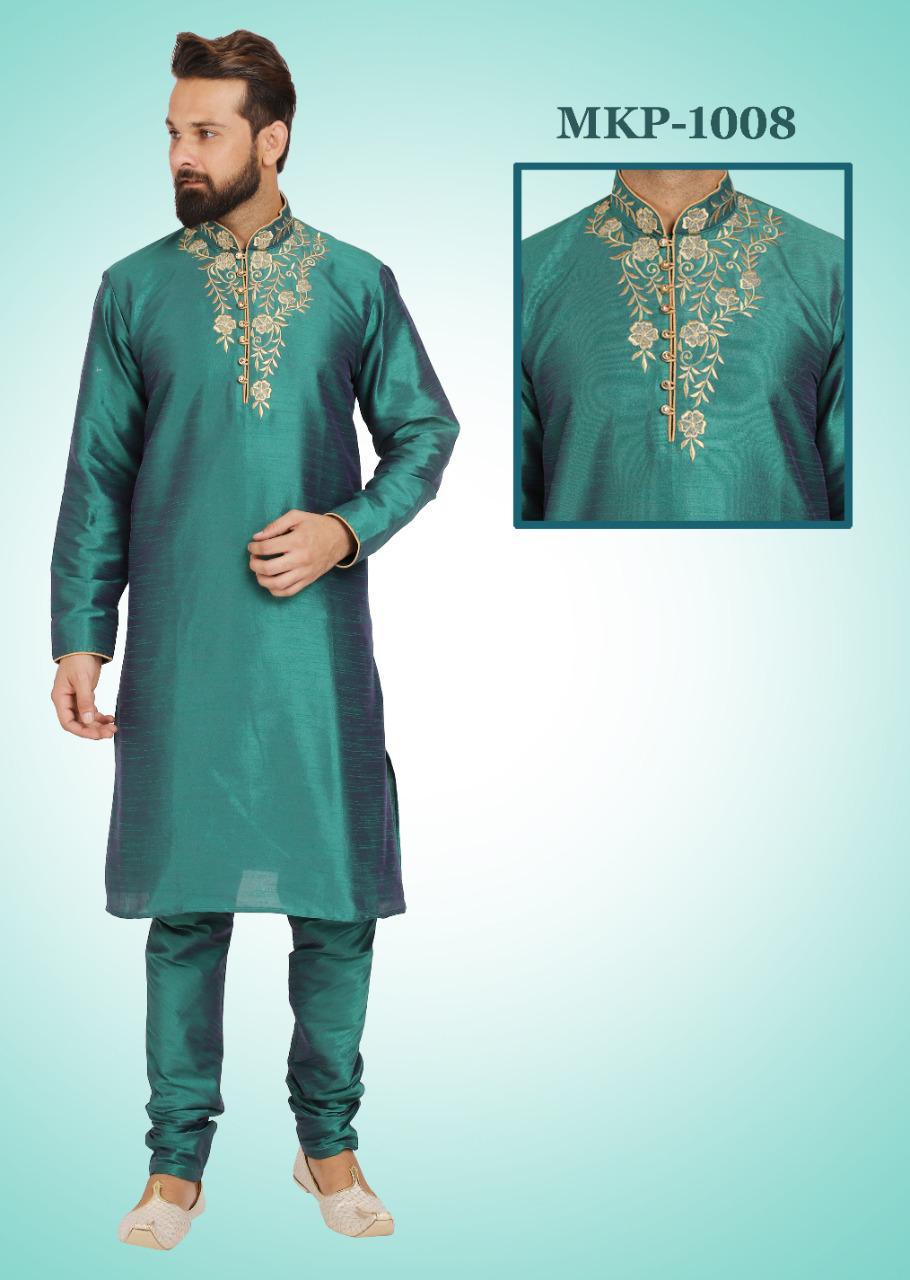 Teal Blue Kurta Pajama Set with Embroidery Work