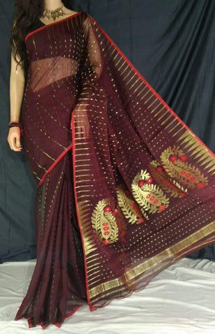 Brown & Gold Handwoven Zari Jamdani Saree