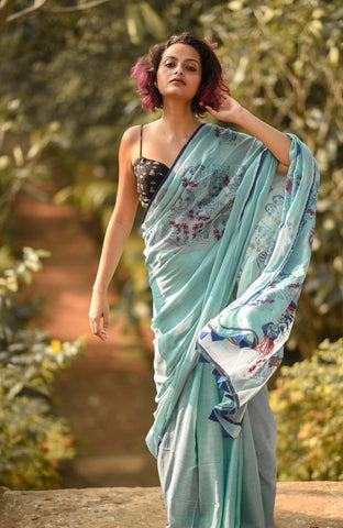 Sky Blue Mul Cotton Saree