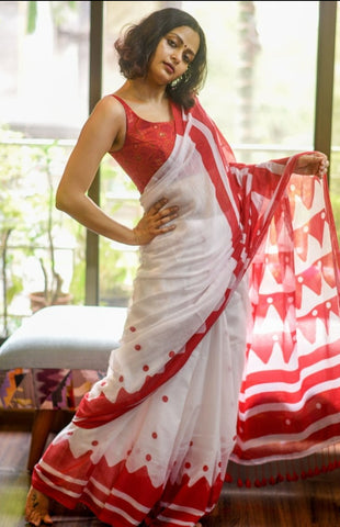 White & Red Printed Mul Cotton Saree