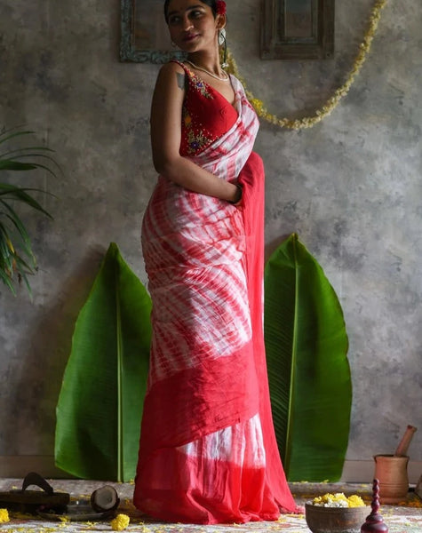 White and Red Akhand Jyoti Mul Modal Saree