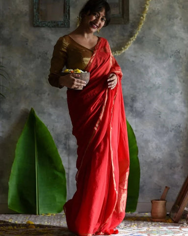 Stunning Red Mul Cotton Saree With Artificial Zari