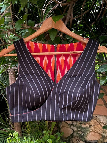 RED AND BLACK  COTTON IKAT REVERSIBLE READYMADE BLOUSE