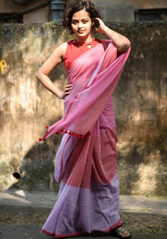 Red, Pink, and Lavender Mul Mul Cotton Saree