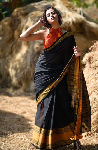 Black & Yellow Handloom Cotton Saree