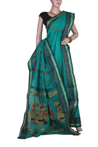 Turquoise Blue Handloom Bengali Cotton Saree