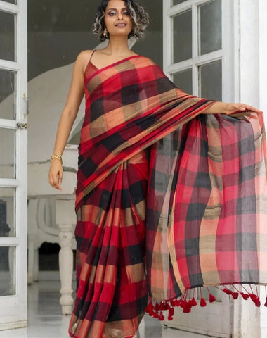 Black, Red and Gold Cotton Zari Saree