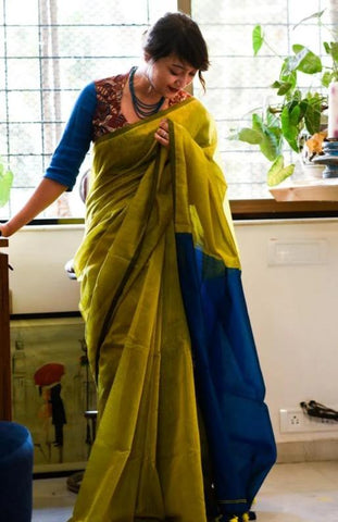 Green & Blue Cotton Silk Saree