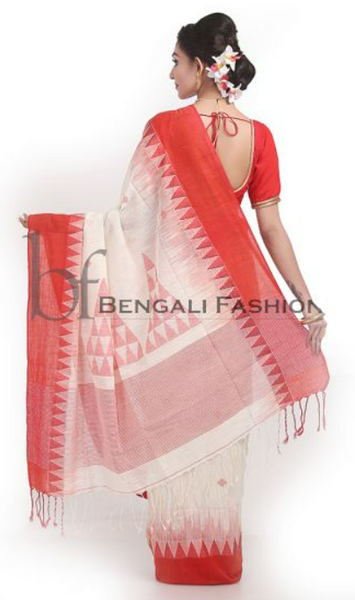 Red and White Pure Bengali Cotton Saree