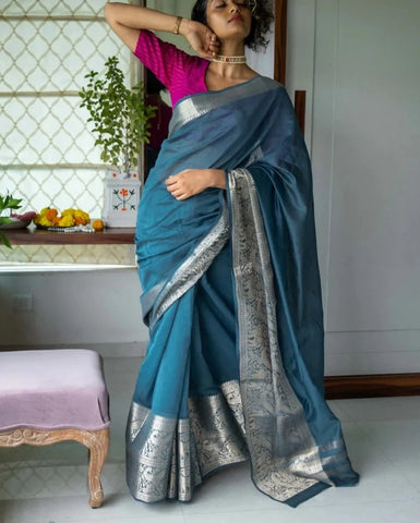 Dazzling Gorgeous Blue Cotton Silk Saree