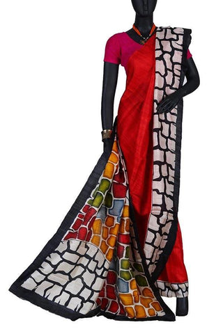 Red Traditional Silk Hand Printed Saree