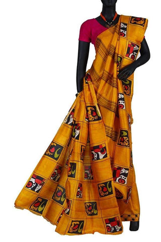 Mustard Indian Trendy Silk Hand Painted Saree