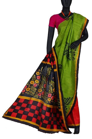 Sap Green Designer Silk Hand Printed Saree