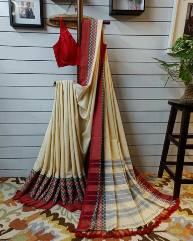 Red & Golden Colored Cotton Saree