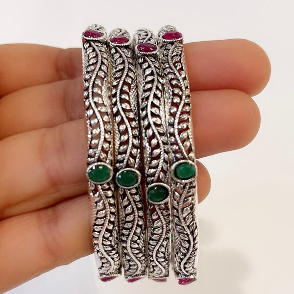 Multicolored Stones Oxidized Silver Bangles(4 Pc)