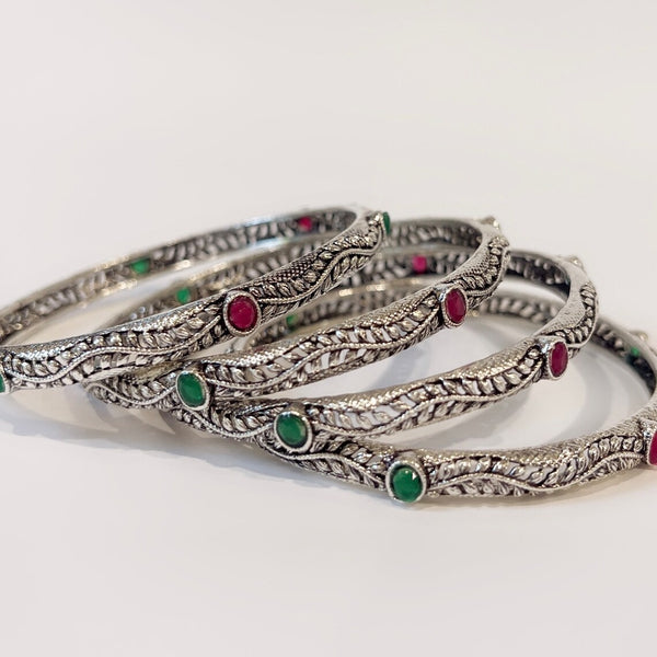 Multicolored Stones Oxidized Silver Bangles(4 Pc)